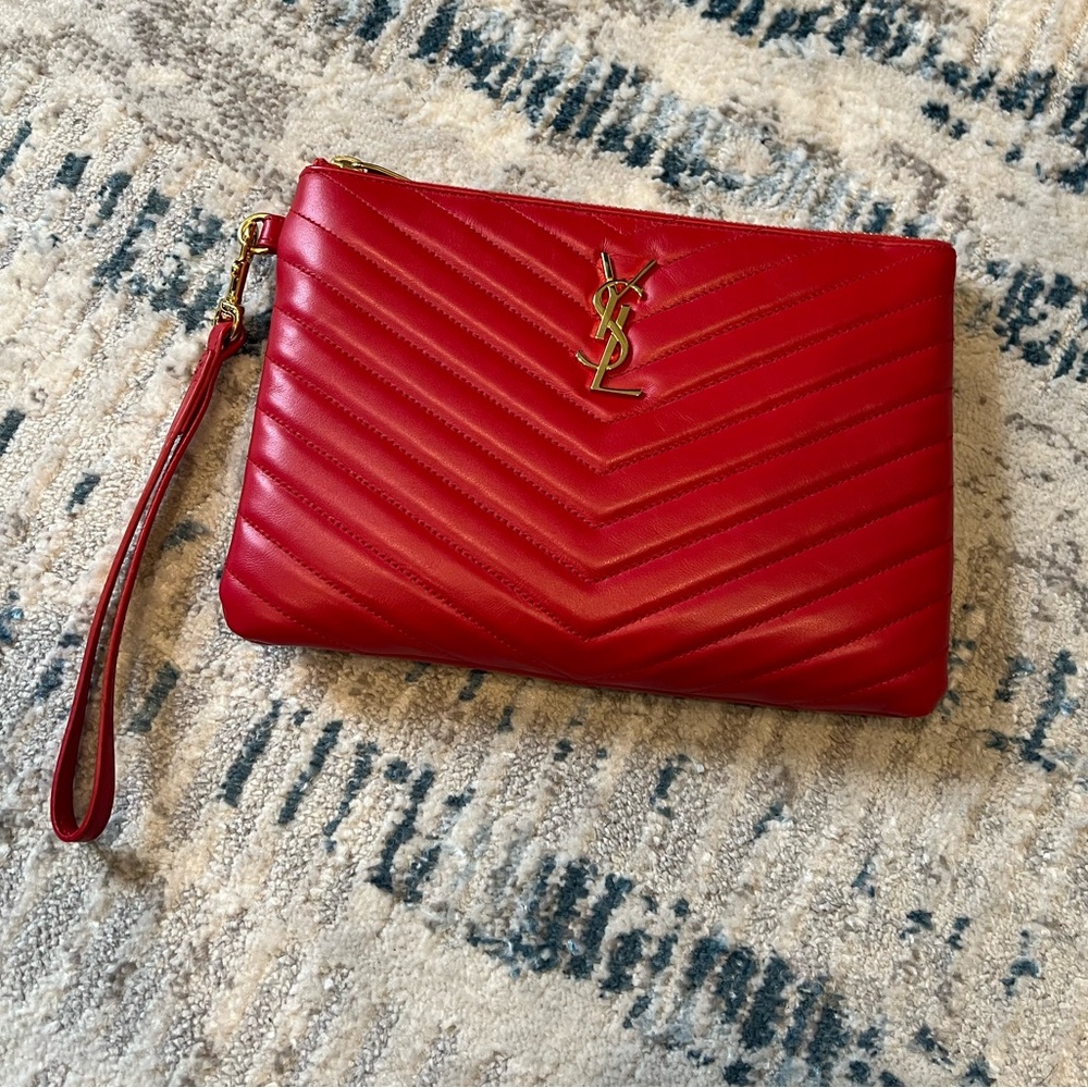 Saint Laurent YSL Chevron Cassandre Matelassé Red Small Leather Clutch Wristlet